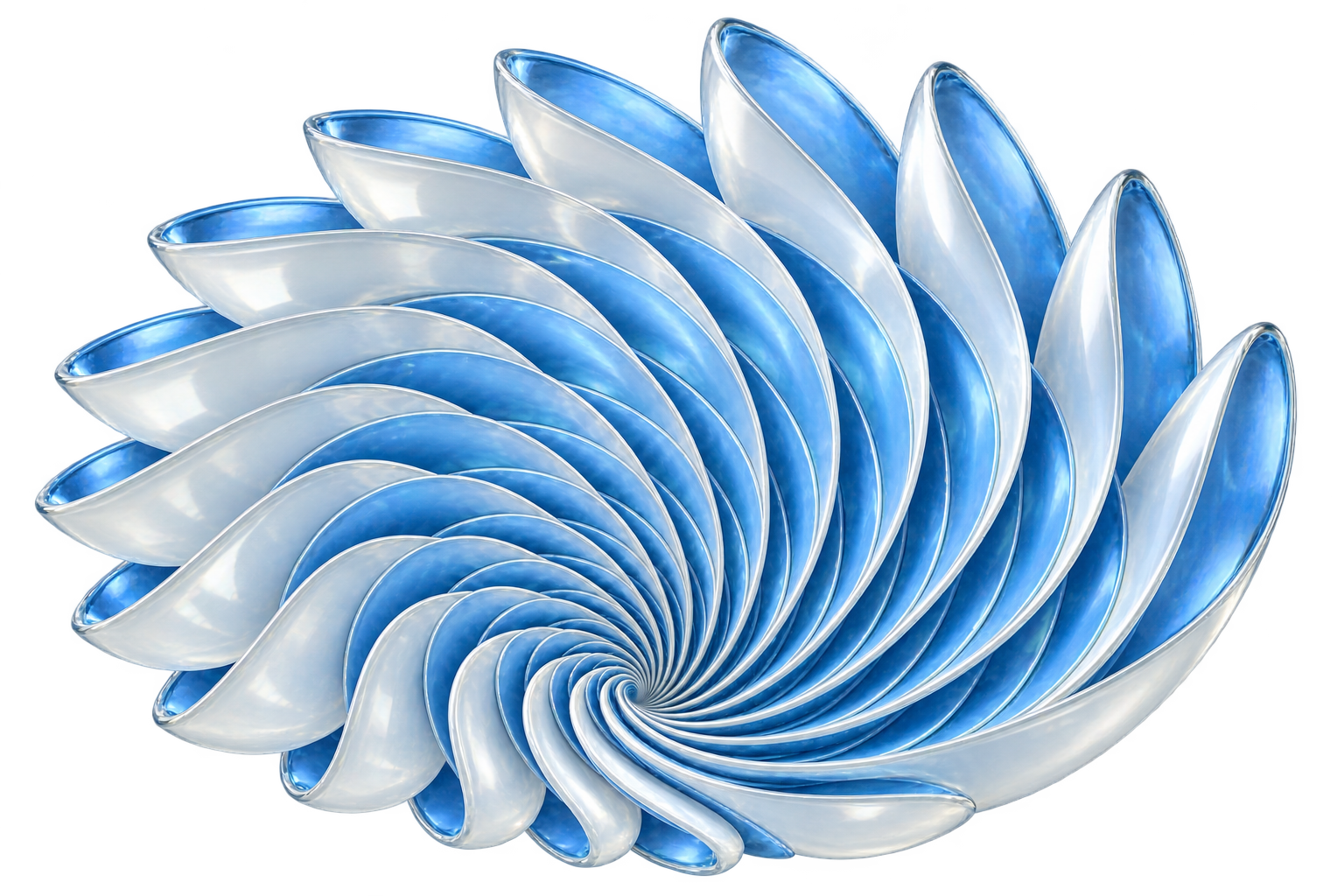 A blue glass spiral sculpture with precisely layered curves.